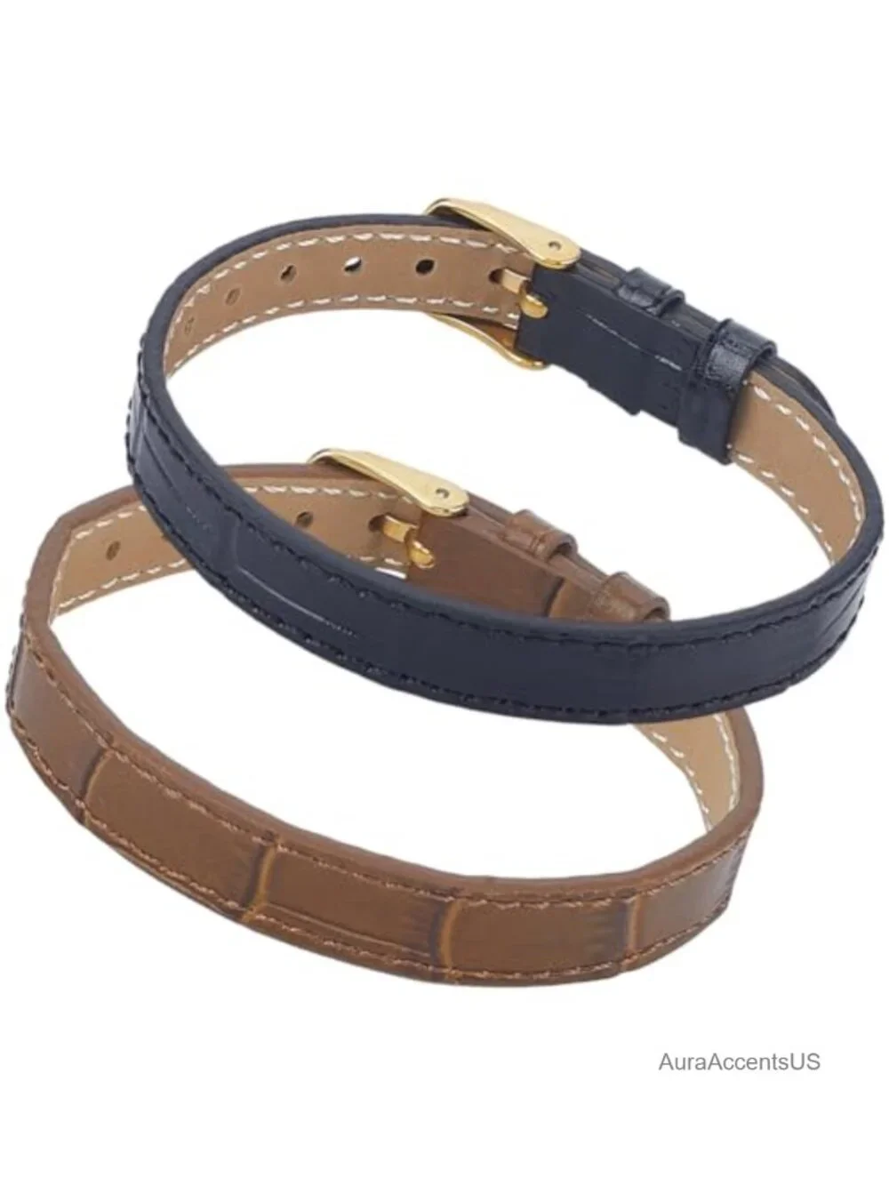 Adjustable Genuine Leather Cuff Bracelet Set with Gold Buckle
